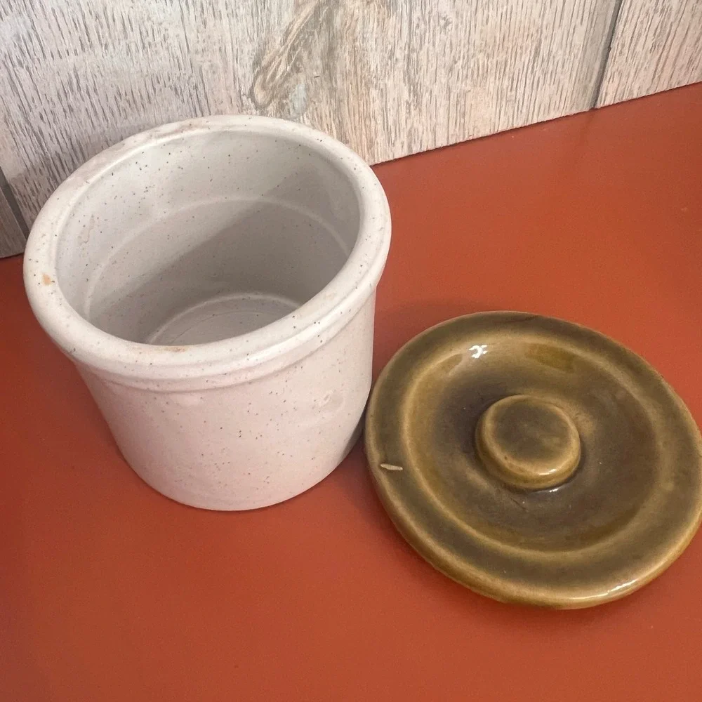 Vintage Ceramic Stoneware Crock with Lid Speckled Cream and Olive Green 4 Inch
